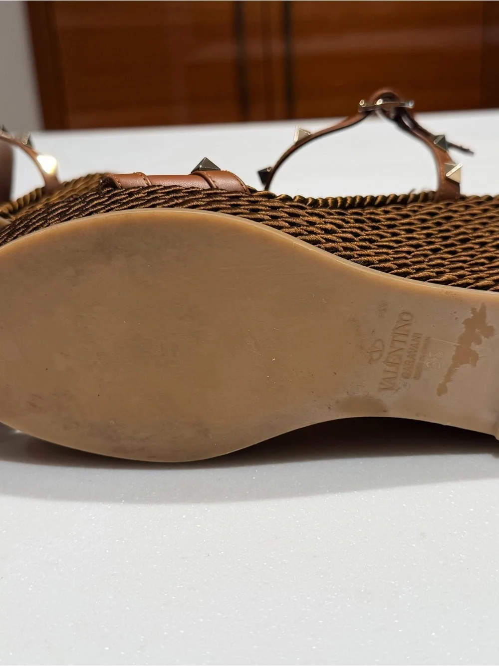 Valentino Garavani Rockstud Brown Leather Wedge Sandals Size EU38